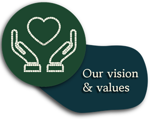 Mosaic style cartoon with two hands holding up a heart. The text says Our vision and Values